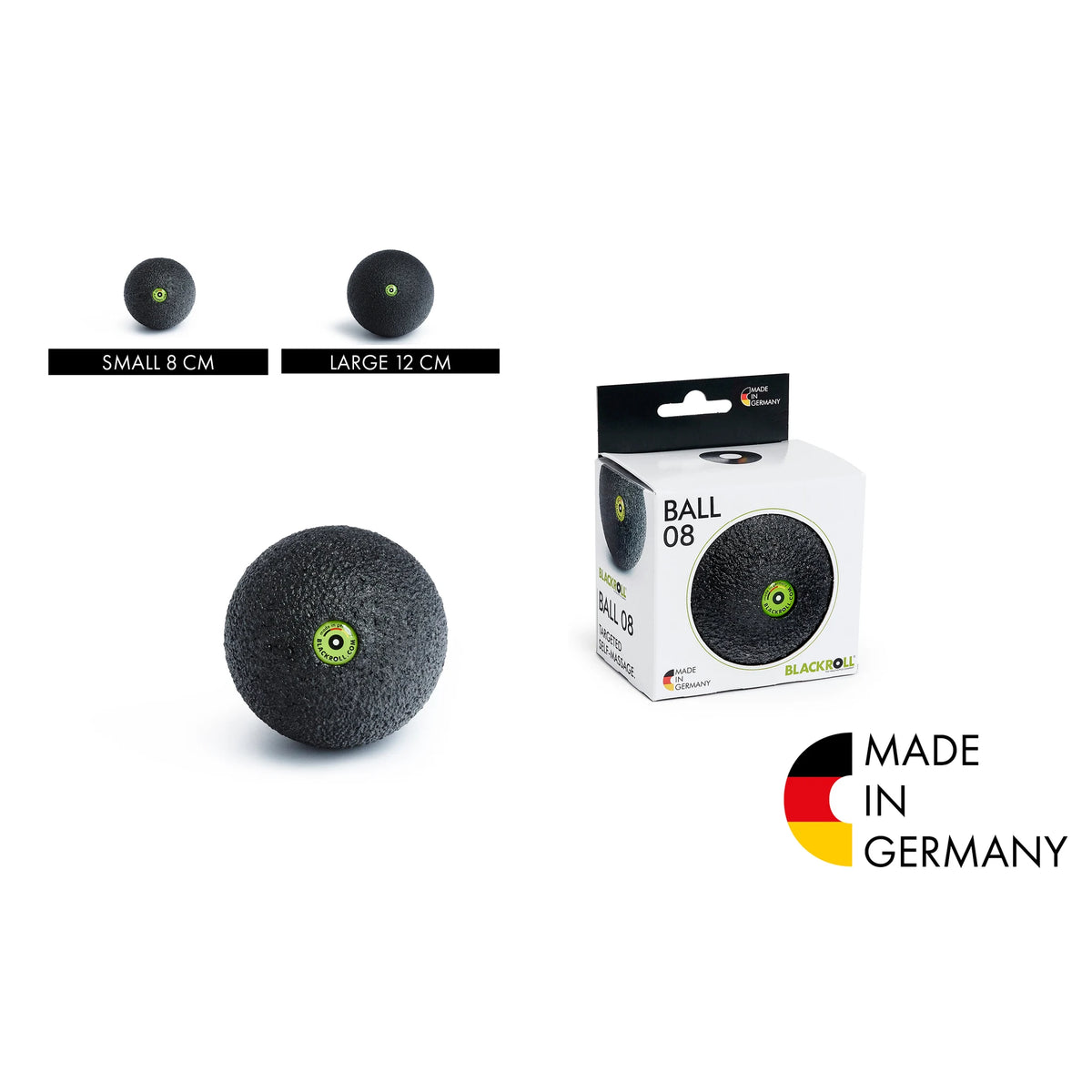 BLACKROLL® BALL 08: comparación de tamaño con la BALL 12 (12 cm) y caja